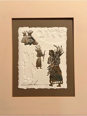 Ling Luker Signed Contemporary Art Print Figures Tipis Trees Matted Framed
